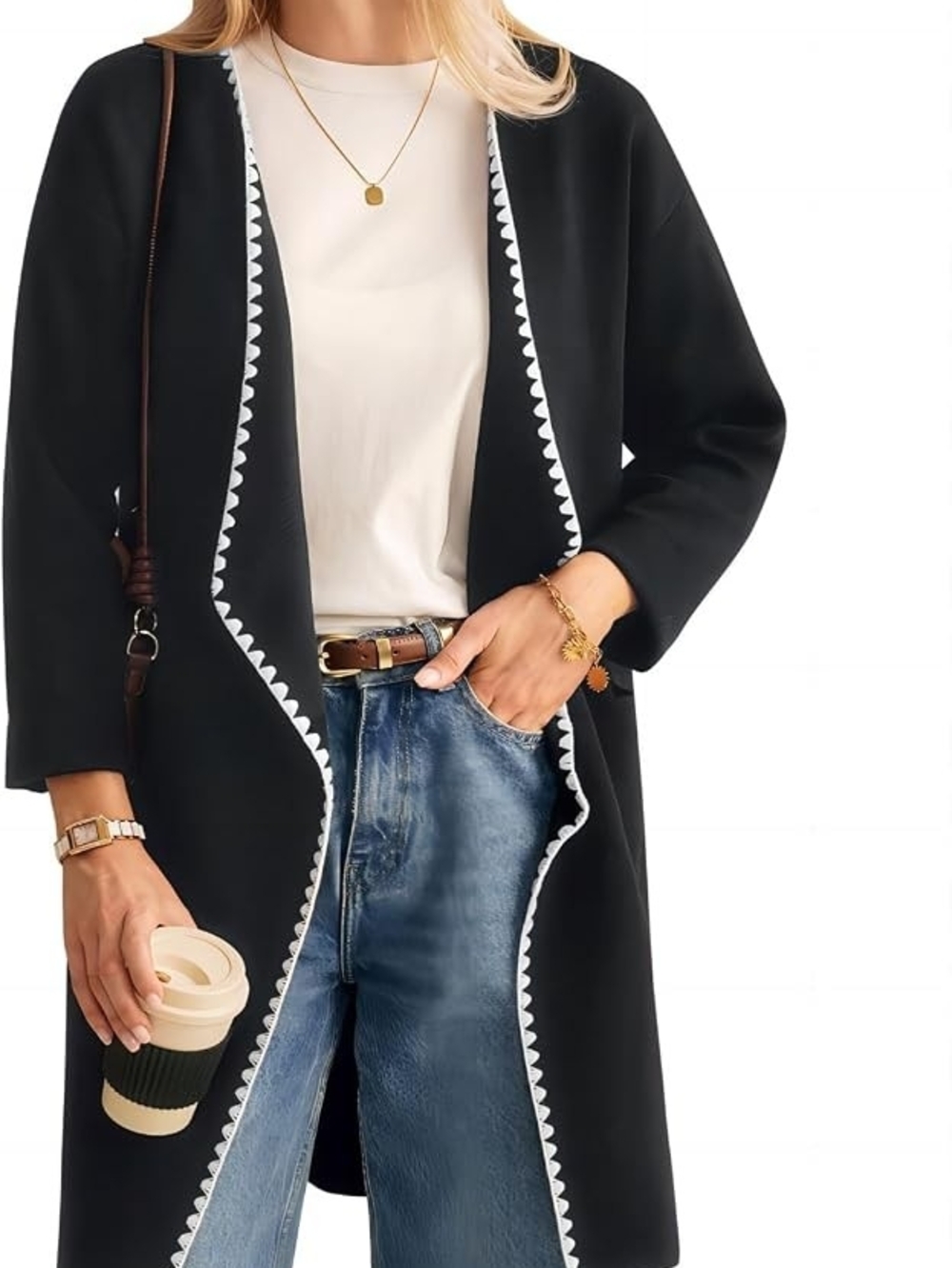 Joie Black Open-Front Cardigan with White Trim